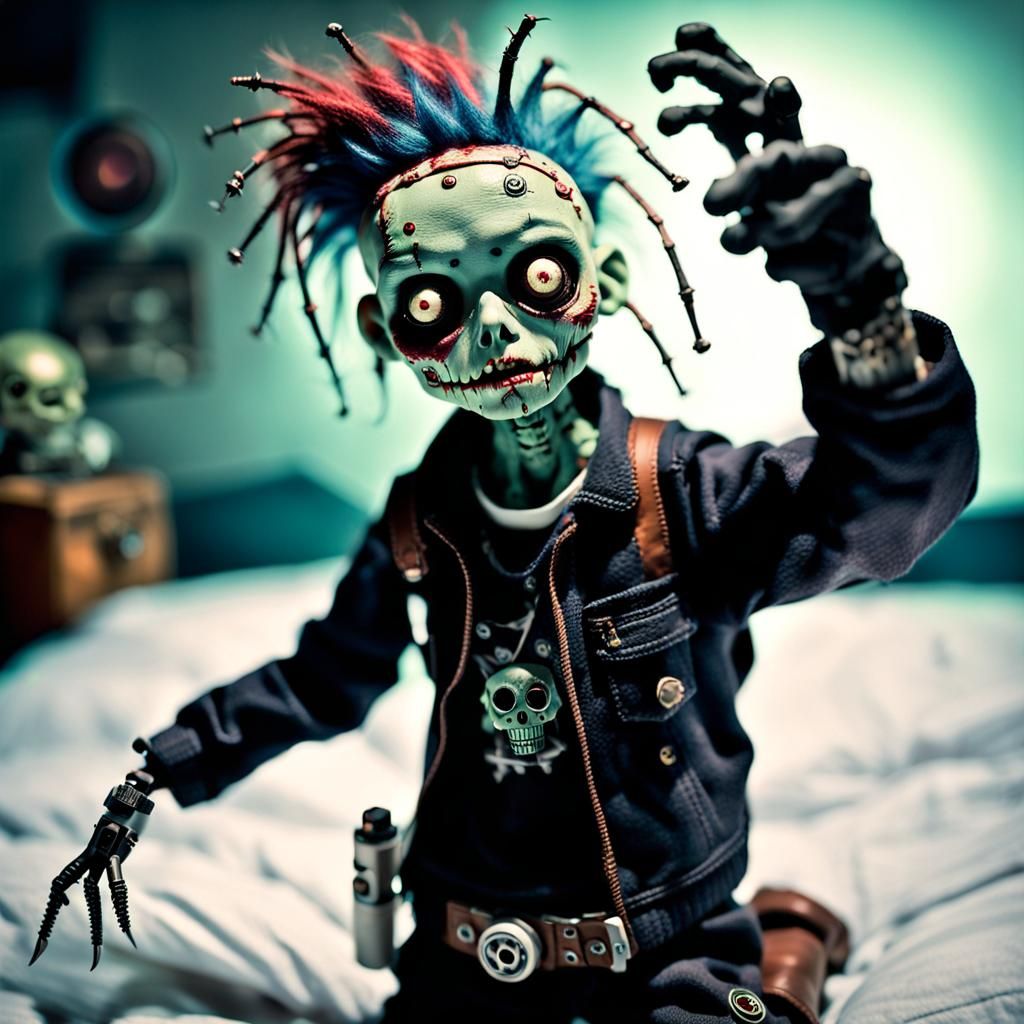 Zombie doll with mechanic punk outfit on bed;inspired by Taiyō Matsumoto, hole in bed unveils tiny voodoo-doll on movie ...