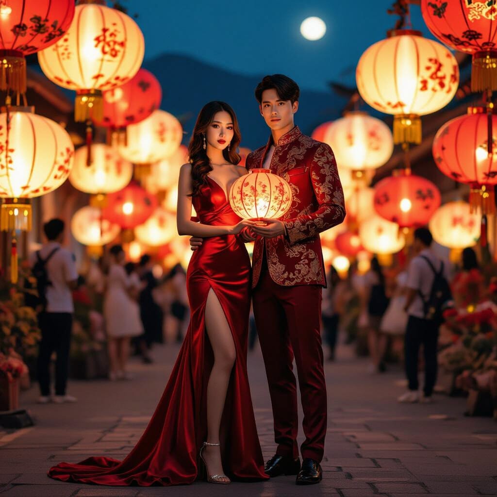 Young Couple Amidst Giant Festival Lanterns in 8K