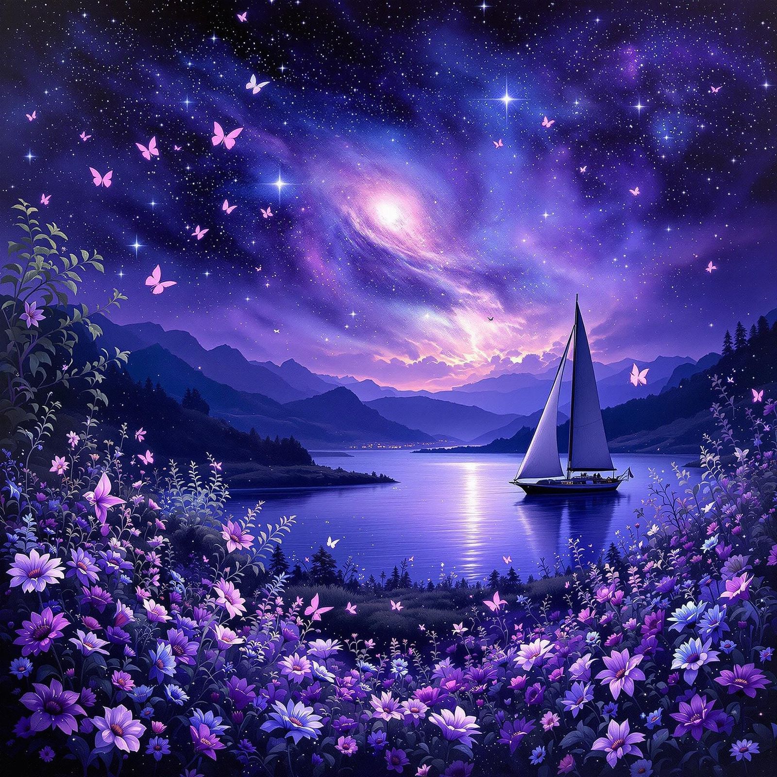 Dazzling Night Landscape with Starlight and Majestic Butterf...