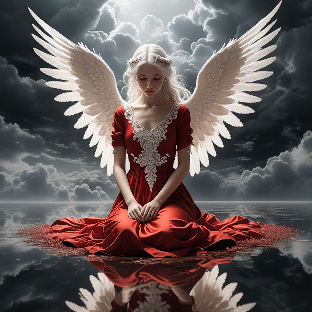 Angel in Ethereal Elegance with Reflective Ground