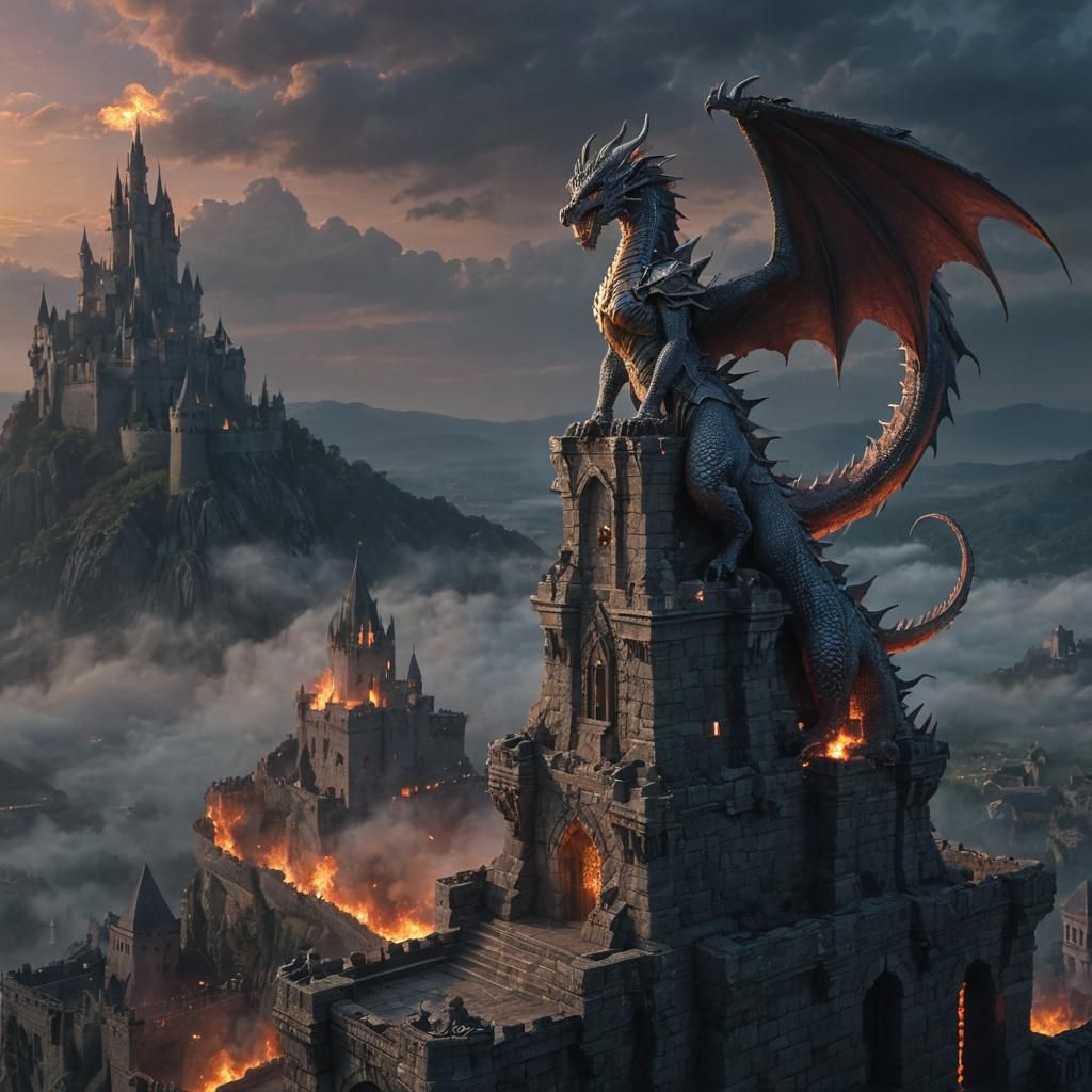 Dragon Queen Surveys Her Kingdom at Twilight