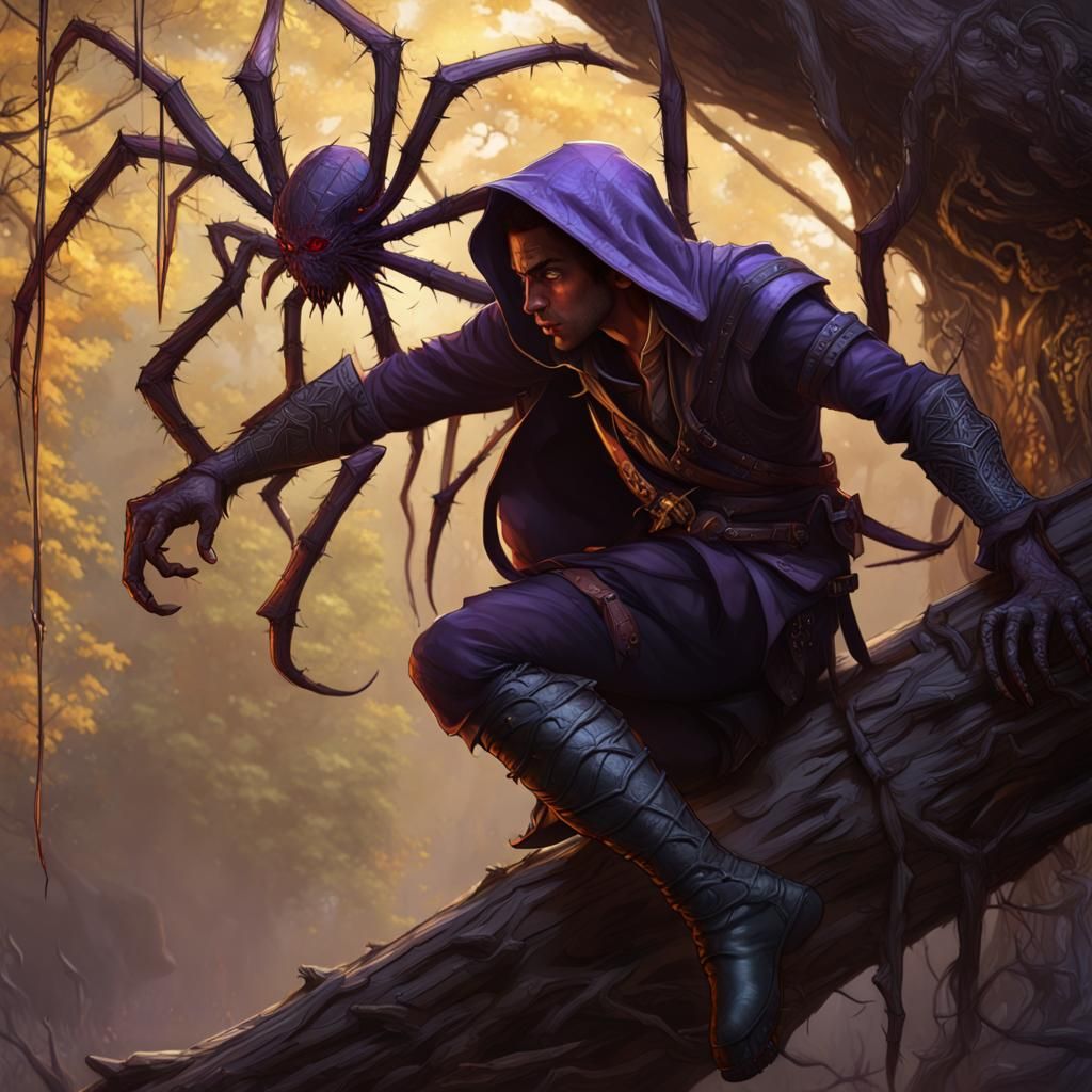 Tiefling Assassin in Spider Web: Dark Fantasy Art