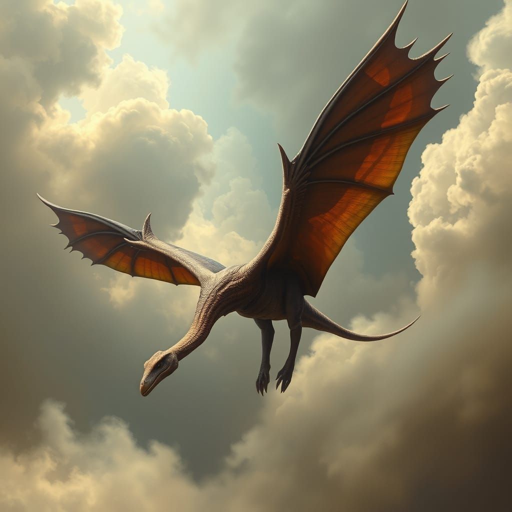 Pterodactyl Soaring in Mystical Sky, Dark Surrealism
