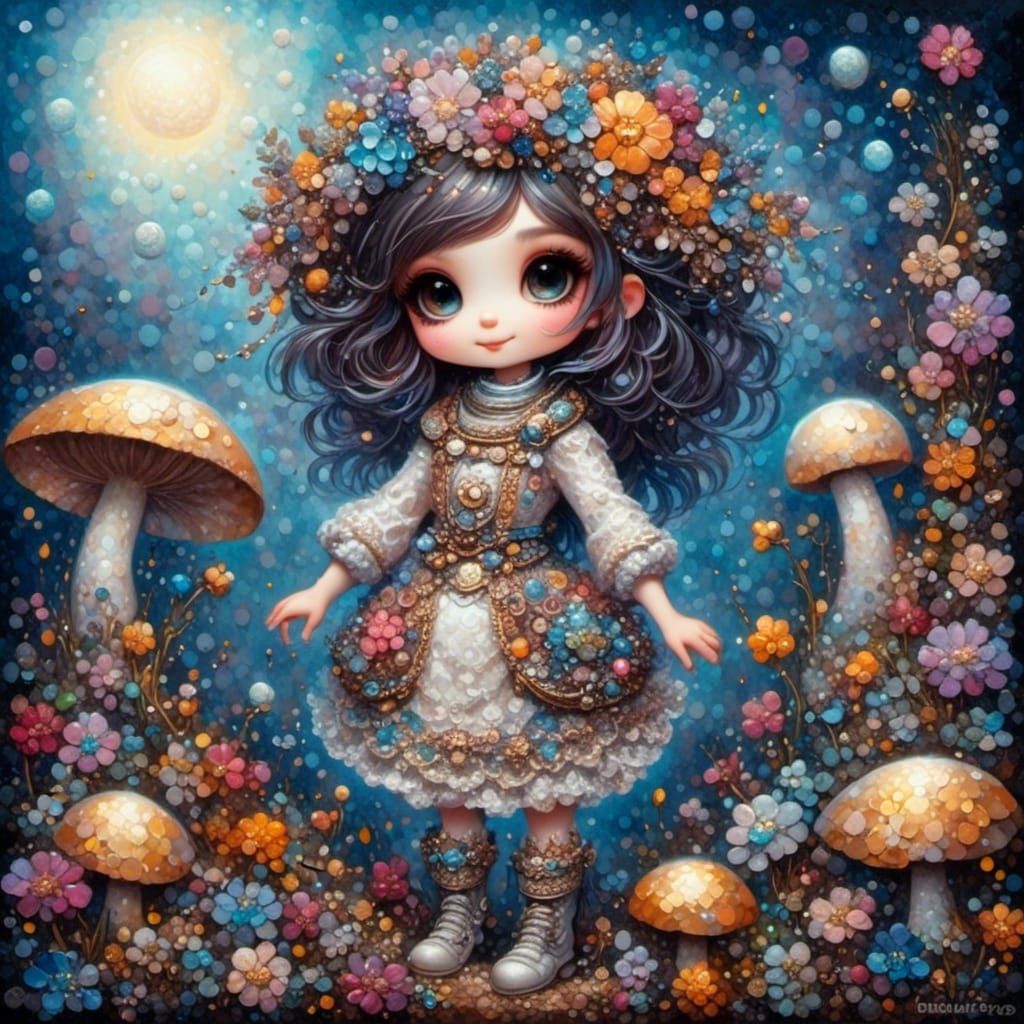 Astronaut Girl in Moon Garden, Oil Painting Style