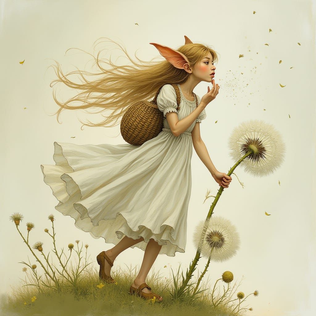 Whimsical Elf Blows on Dandelion in Enchanted Woodland
