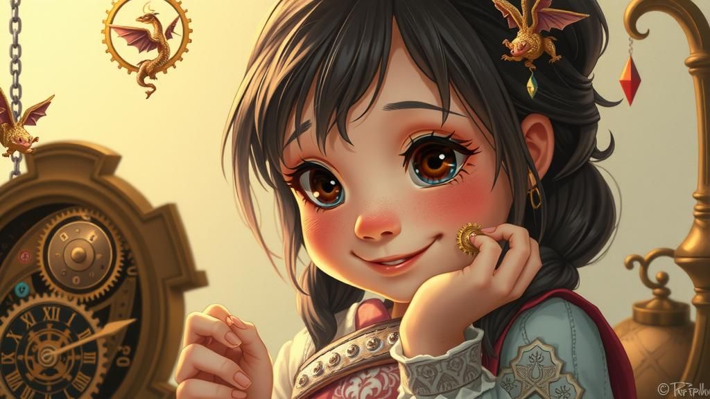 Girl Tinkering with Dragon Clockwork in Whimsical Style