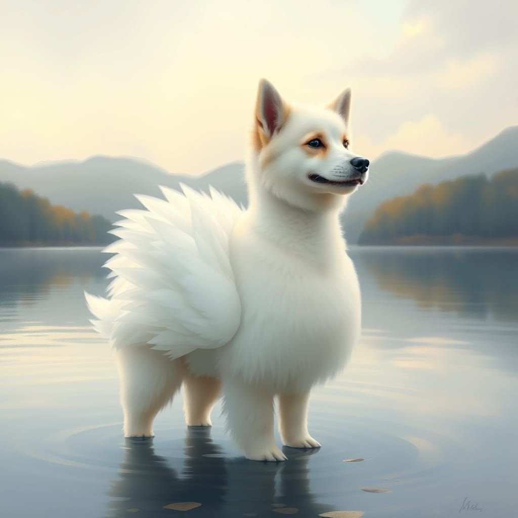 Swan-like Dog in Serene Lake, Digital Art