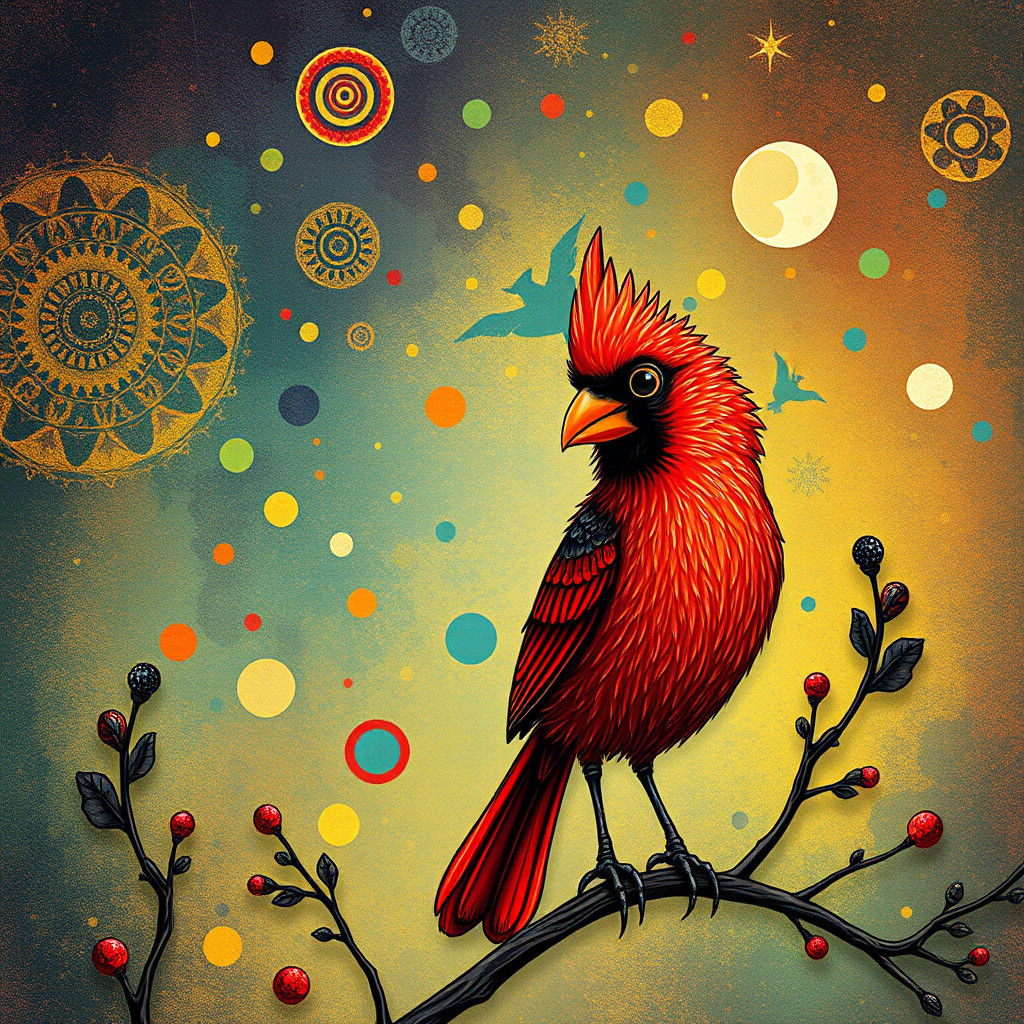 Whimsical Red Cardinal in Pointillism Style