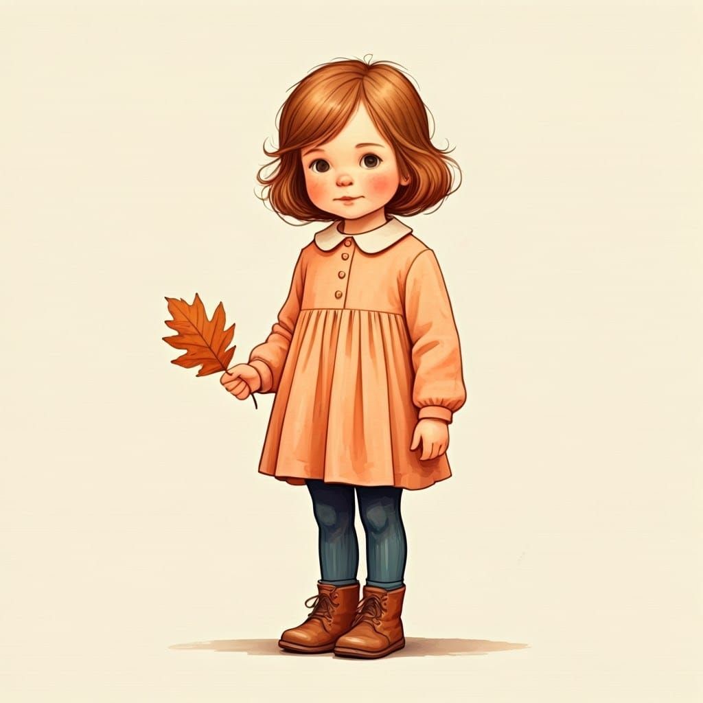 Whimsical Girl with Leaves in Watercolor Style