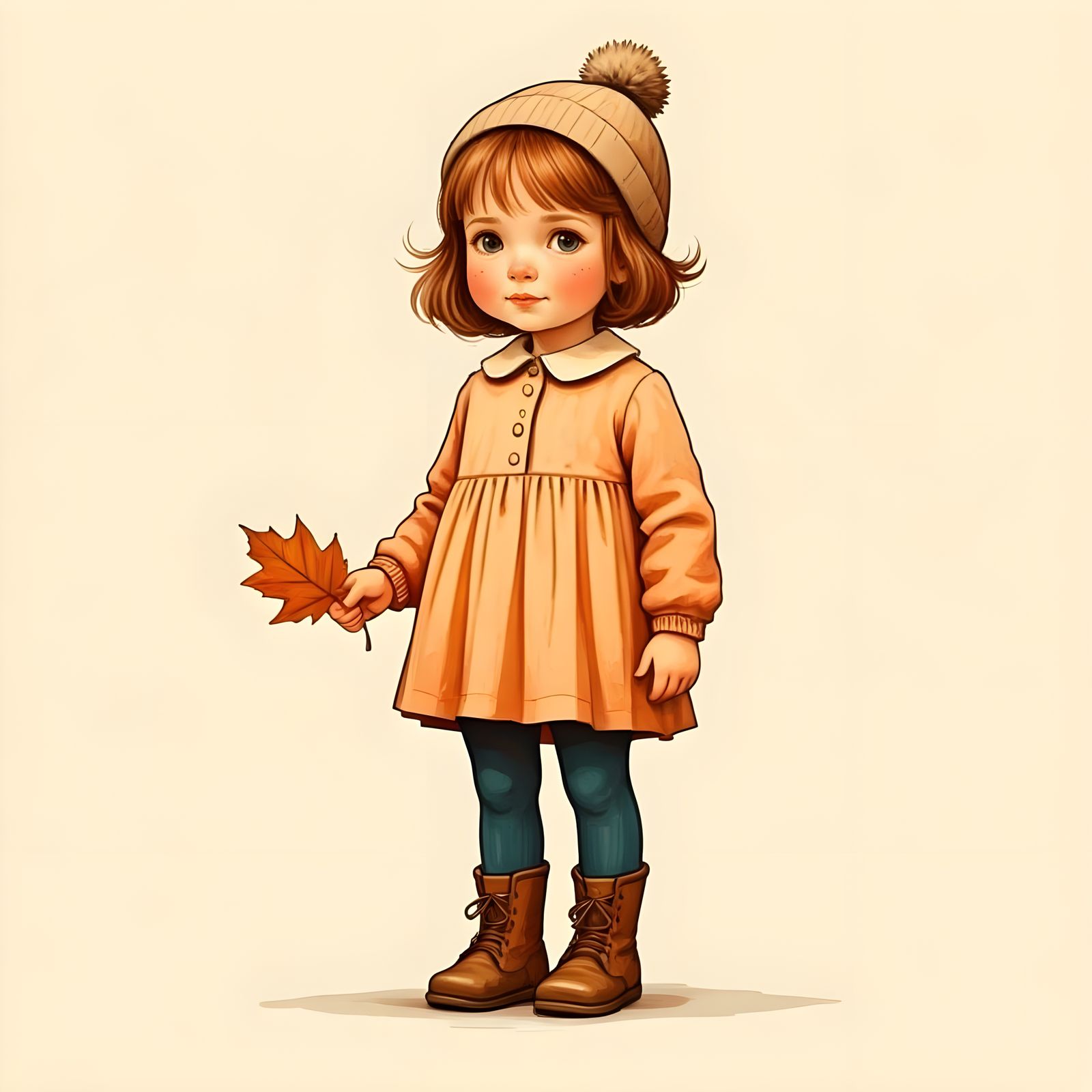 Whimsical Girl with Leaves in Watercolor Style