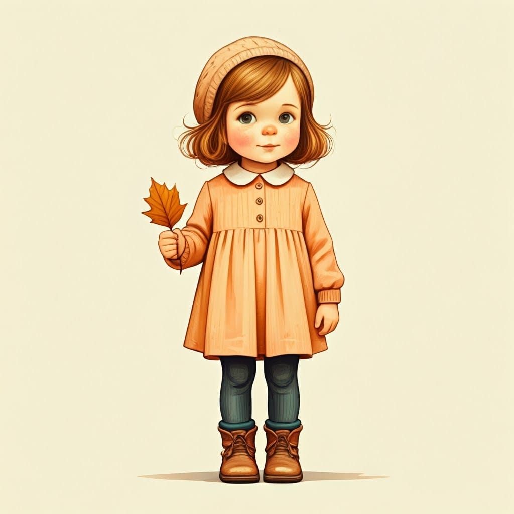 Whimsical Watercolor of Girl with Leaves in Digital Art
