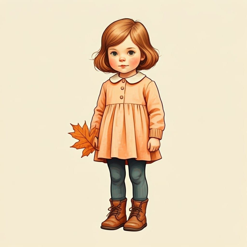 Whimsical Watercolor of Girl with Leaves