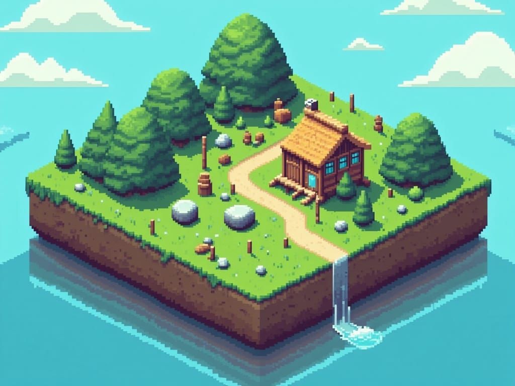 Vibrant Pixel Art Isometric Landscape in 16-bit Style