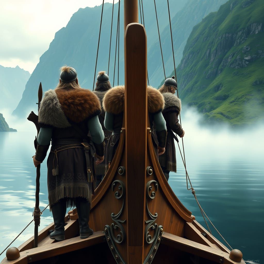 Viking Knorr in a Serene Fjord Landscape