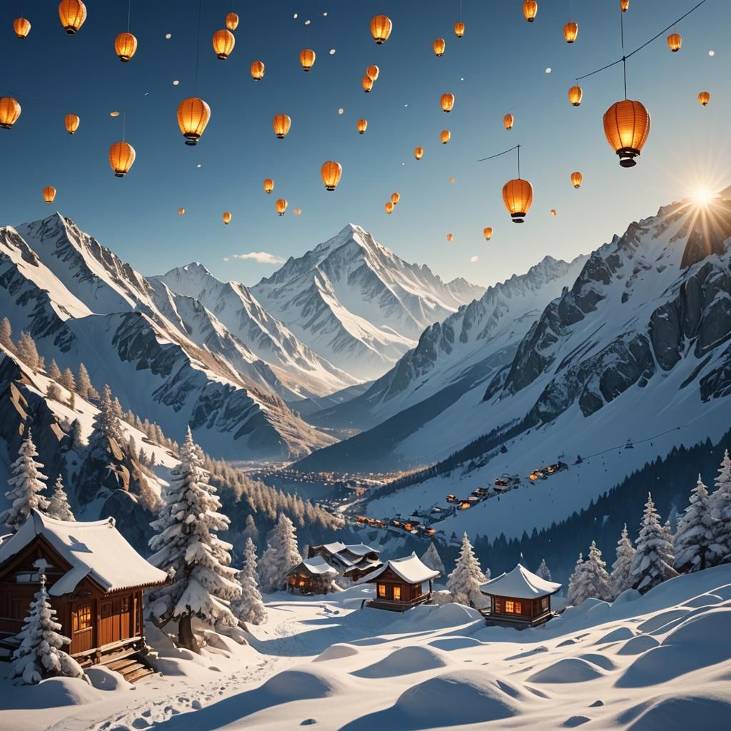 Snowy Mountain Peak with Glowing Lanterns