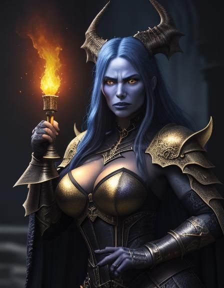 Fantasy art. Medium shot. Half-human, half-dragon woman, Ursula K, with an extraordinarily large bust, standing in a dar...