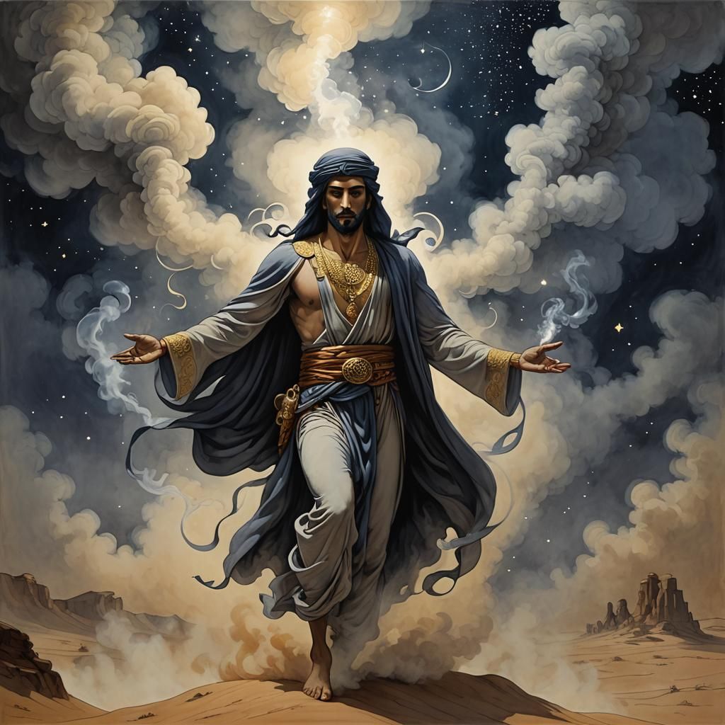 Ethereal Djinn Emerges in Sahara Under Starry Sky