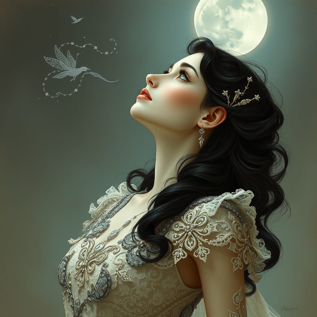 Ethereal Woman in Whimsical Fantasy Gown Gazing at the Moonl...