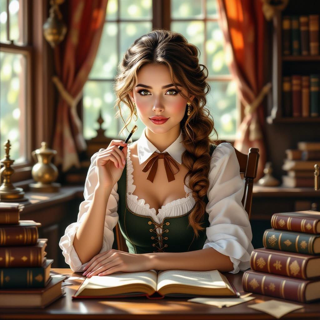 Young Woman at Desk with Books and Mechanical Curiosities