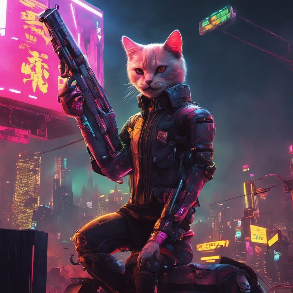 Cyberpunk Cat Destroys Planet in Neon City