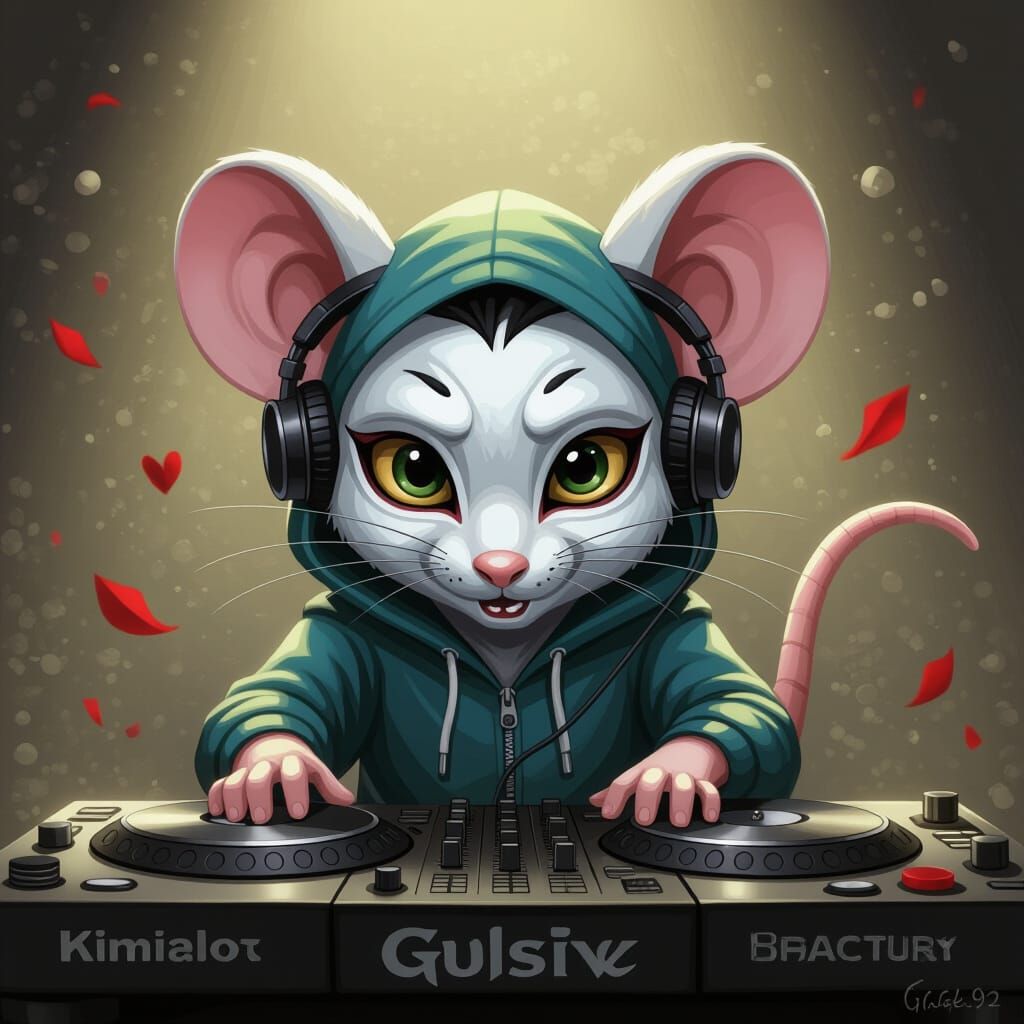 Masked Cartoon Mouse DJ in Horror Etching Style