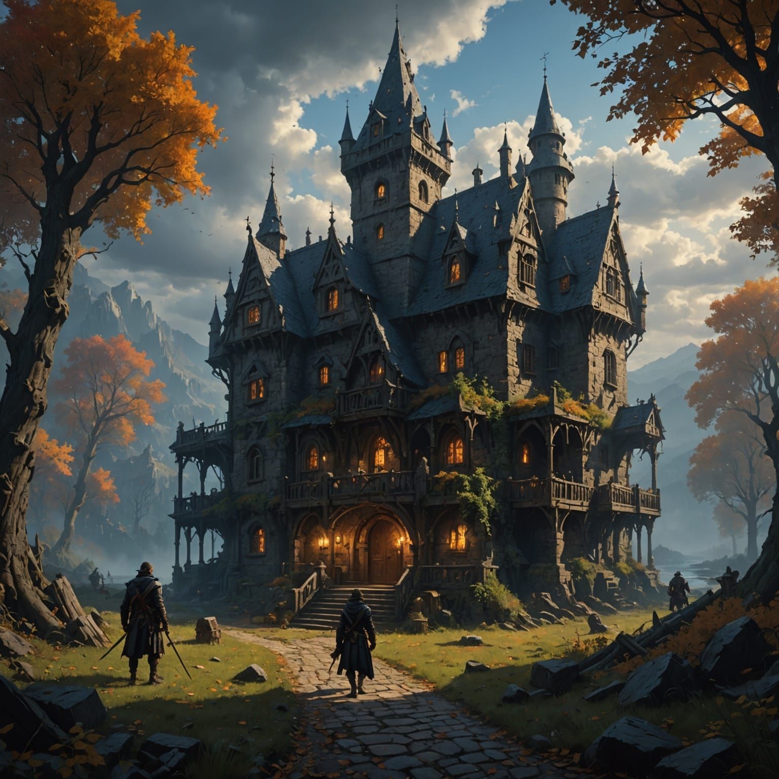 Cyberpunk Guardian of Mountain Peak in Lightning Storm