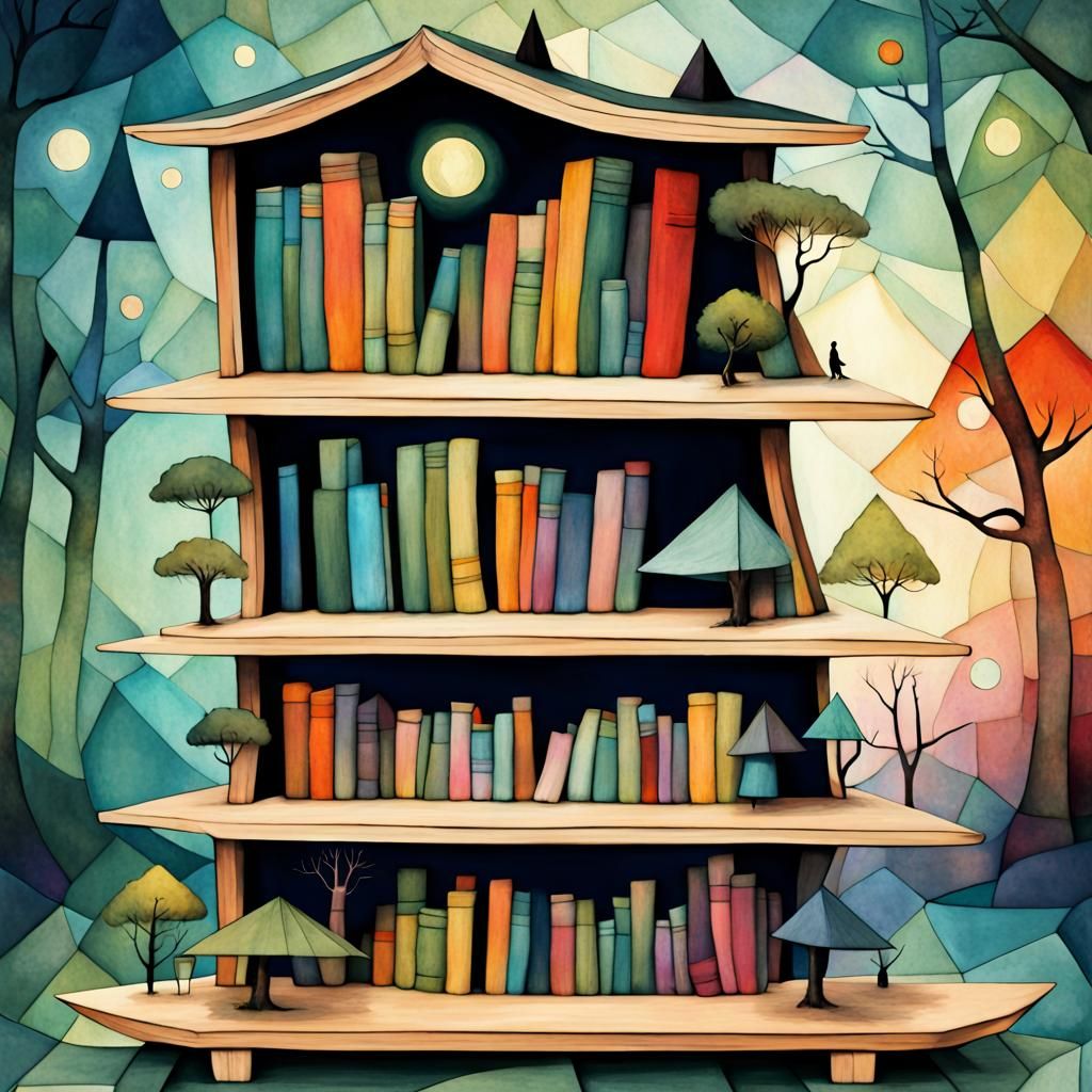 Enchanted Whimsical Bookcase in Abstract Style