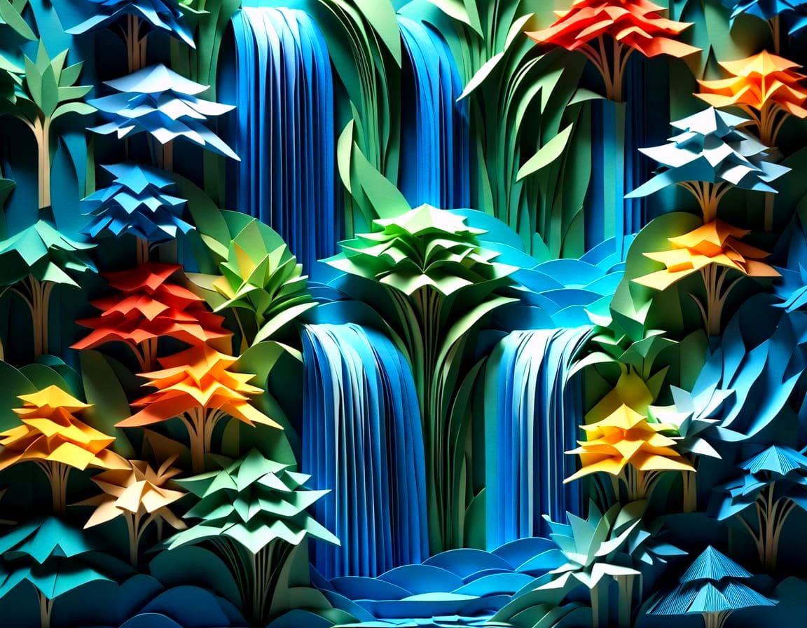 Intricate Kirigami Waterfall in Stained Glass Aesthetic
