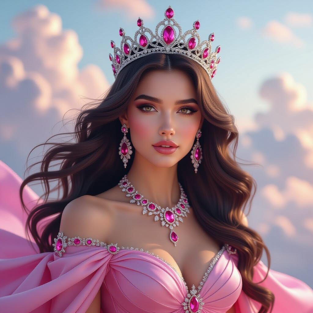 Pink Princess in Jewel-Encrusted Gown Amidst Clouds