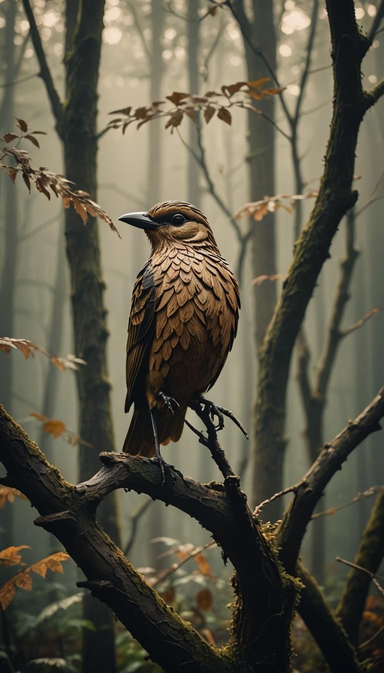 Intricate Wood Carvings of a Bird in Misty Forest