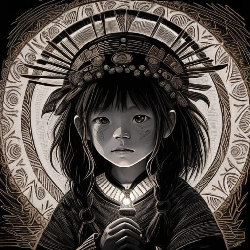 Inuit Child Gazing at a Glowing Lantern in Scratchboard Art
