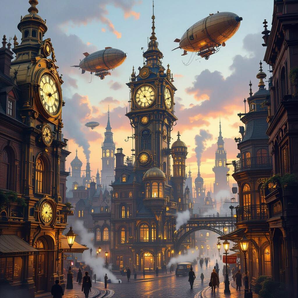 Steampunk City at Twilight with Dirigibles