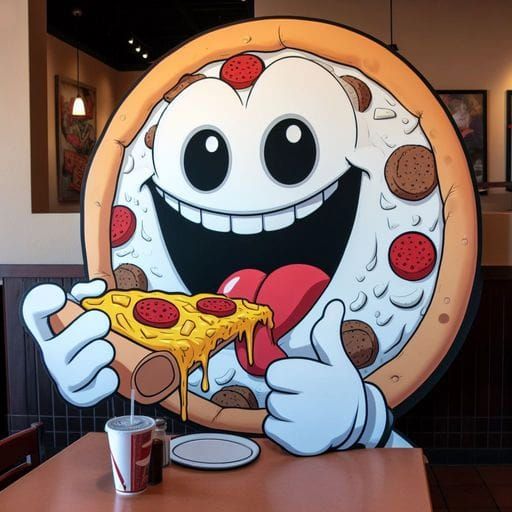 Giant Pizza Eats Pizza Slice in Photorealistic Restaurant
