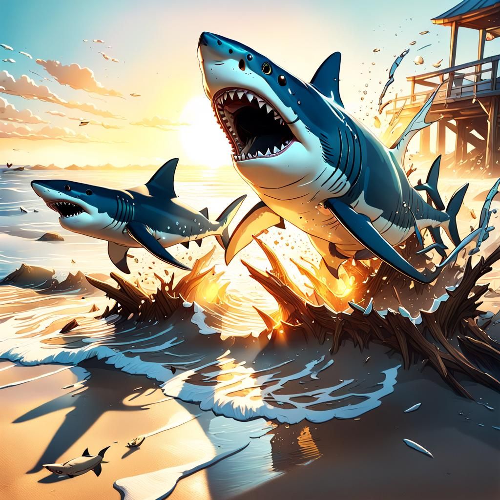 Dynamic Anime-Inspired Beach Scene with Sharks