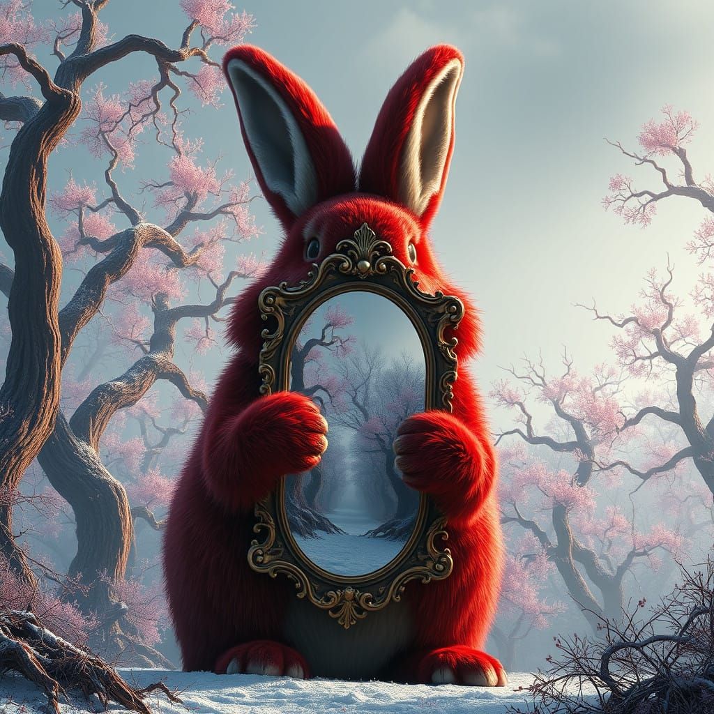 Mystical Crimson Rabbit Reflects Snowy Ivory Landscape