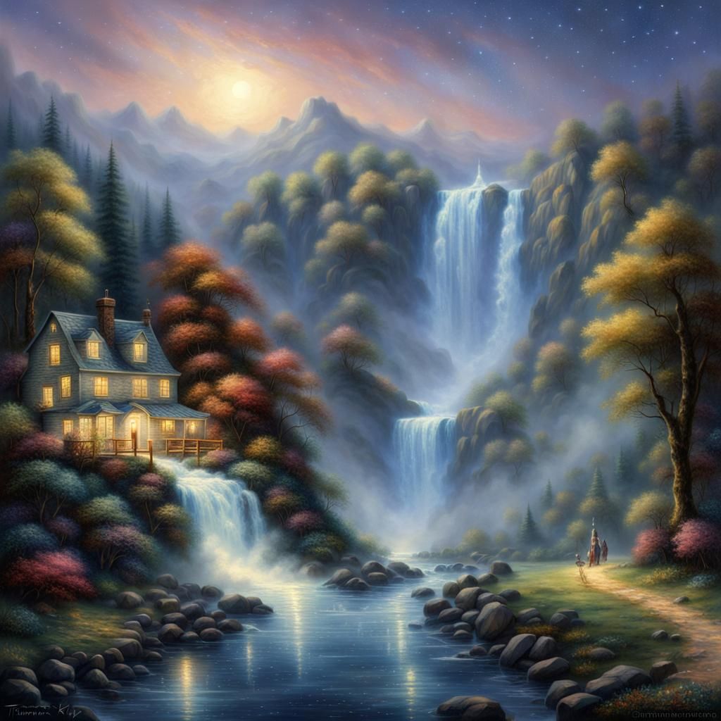 Starry Night Sky Over Waterfall in Ethereal Style