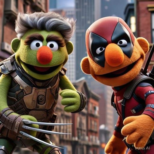 Muppet Superheroes Ernie and Bert in Dynamic Cityscape