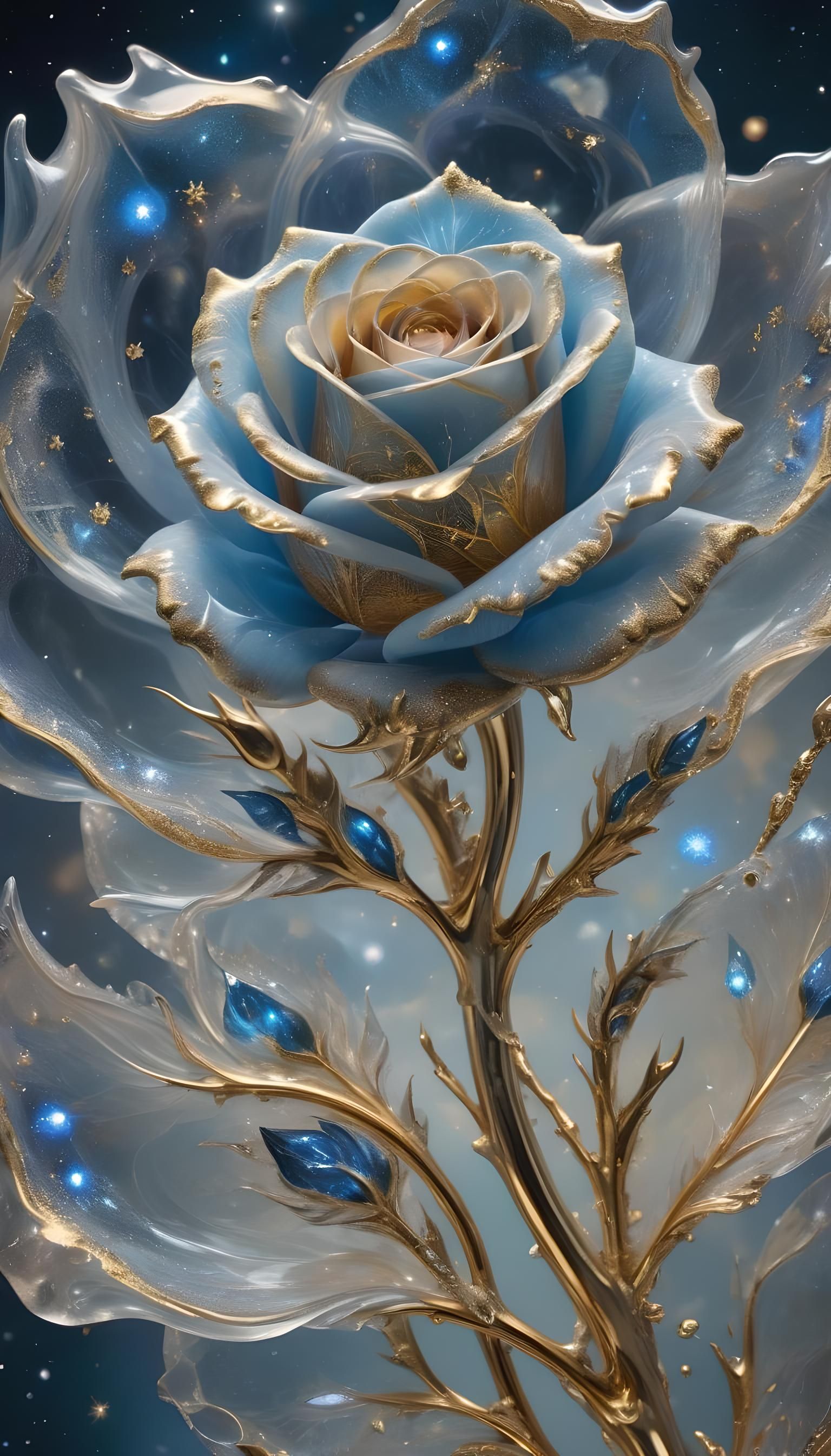 Glassblown Ice Rose with Gold Fractal Trim