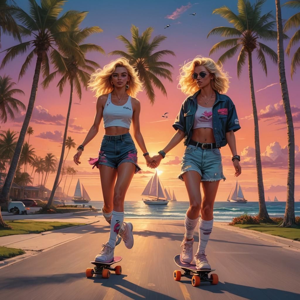 Synthwave Skateboarders at Sunset: 1980s Digital Art