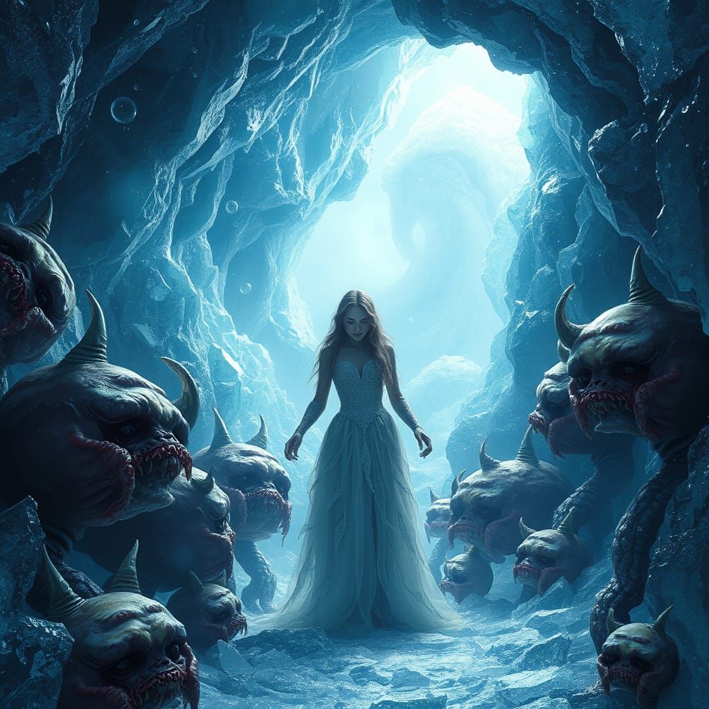 Mystical Maiden Amidst Twisted, Iridescent Foods in a Crysta...