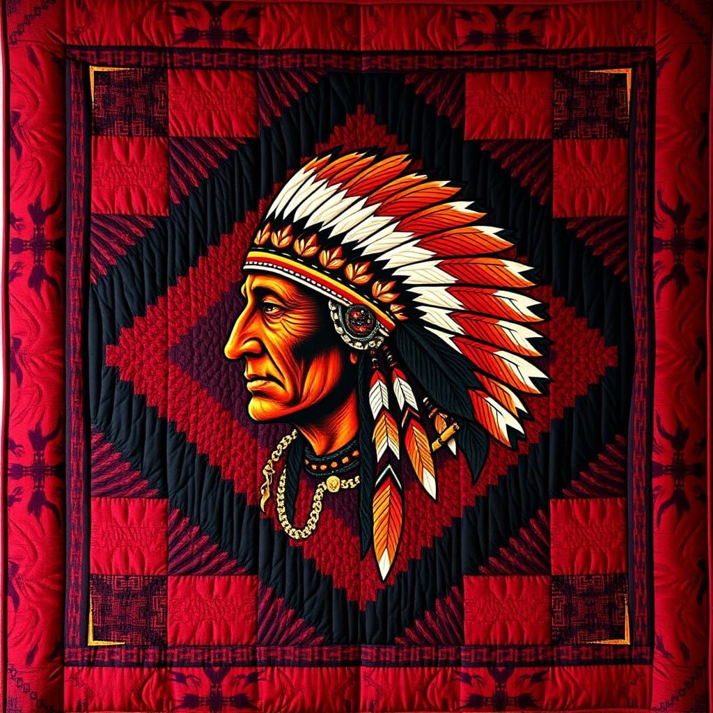 Native American Warrior in Dark Red and Black Quilt