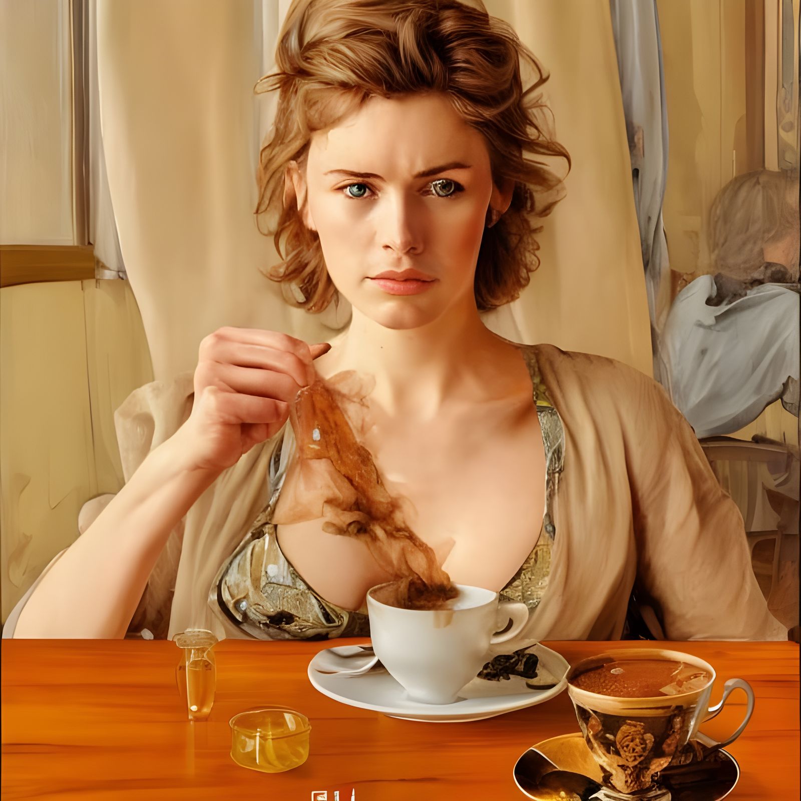 Beautiful Woman Sipping Tea in Dreamy Portrait