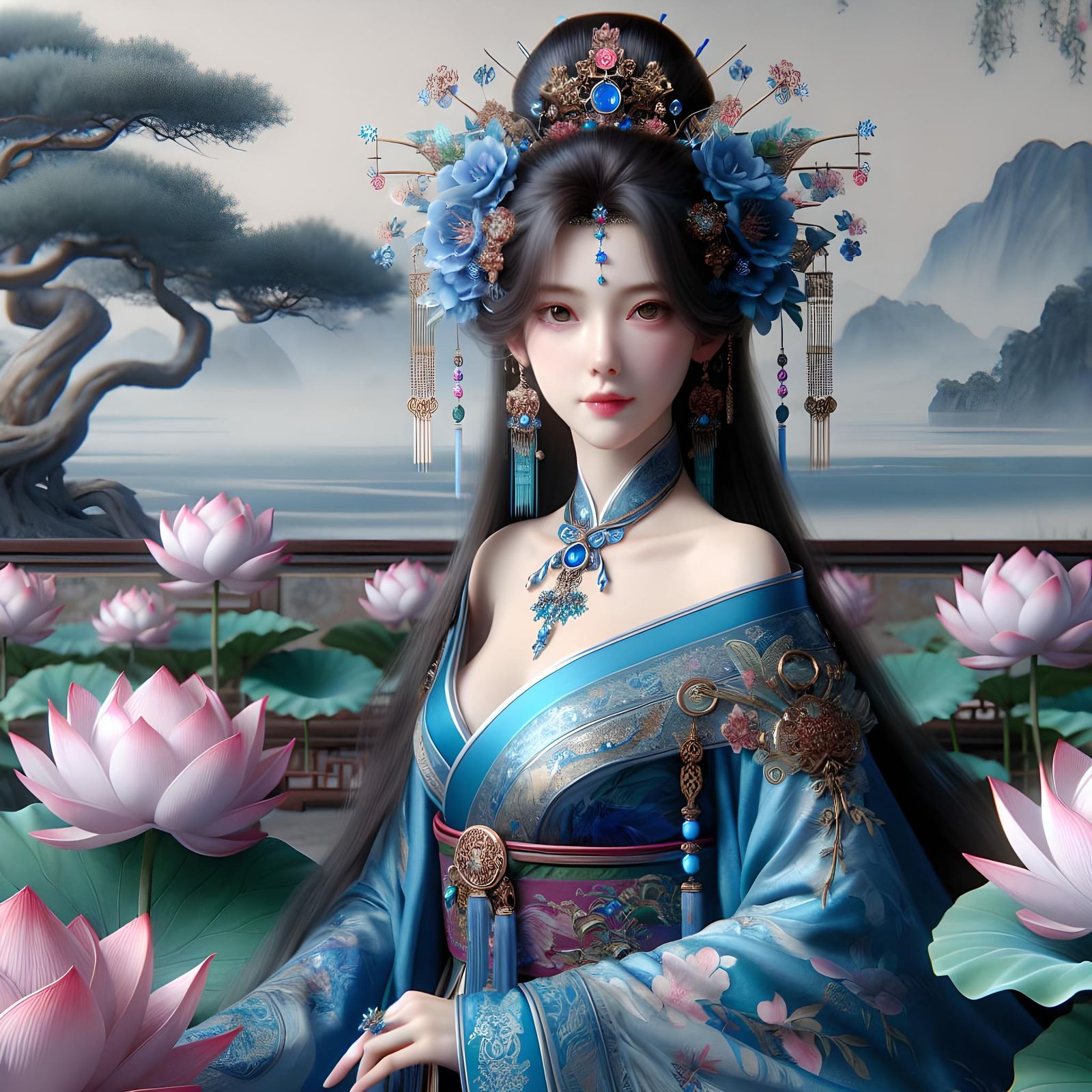 Beautiful Princess in Blue Hanfu and Lotus Flowers