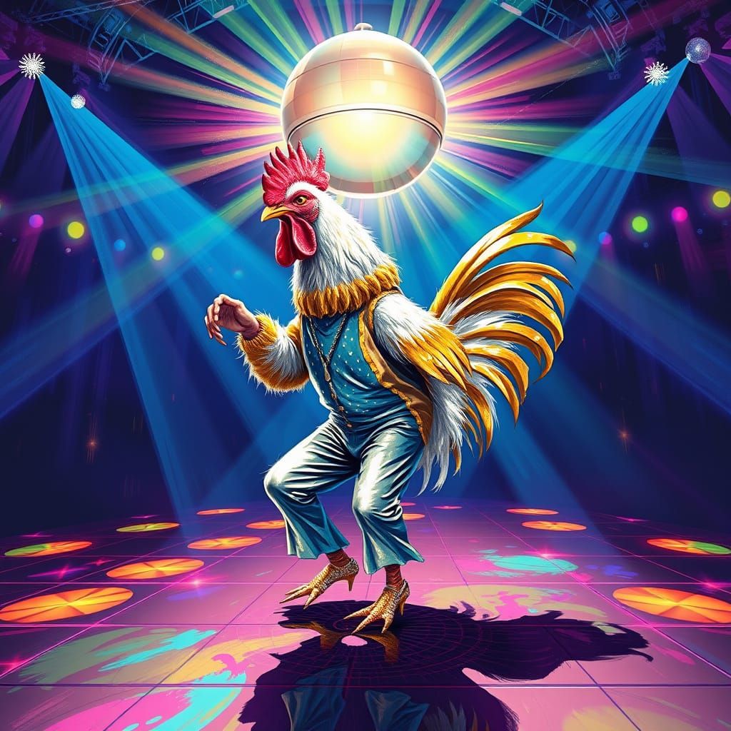 Dancing Chicken in Neon Disco Attire