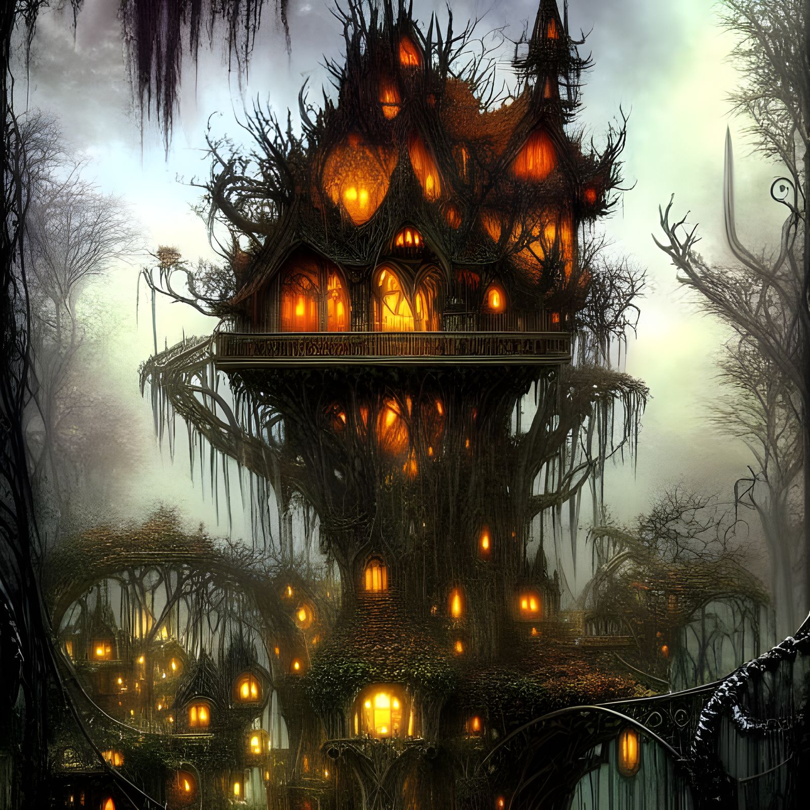 Dark Fantasy Gothic Treehouse Village in Jewel Tones