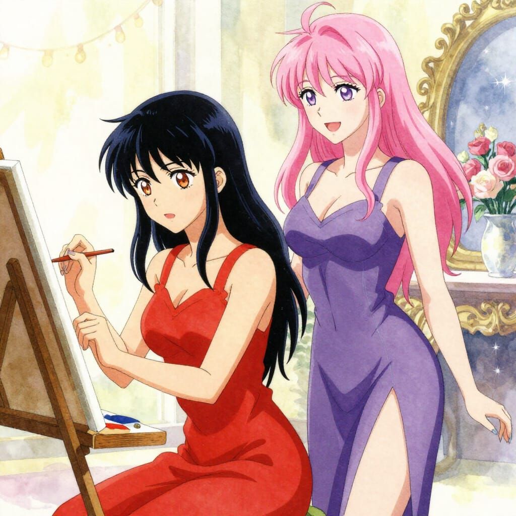 Anime Style Art: Two Women Painting in Studio
