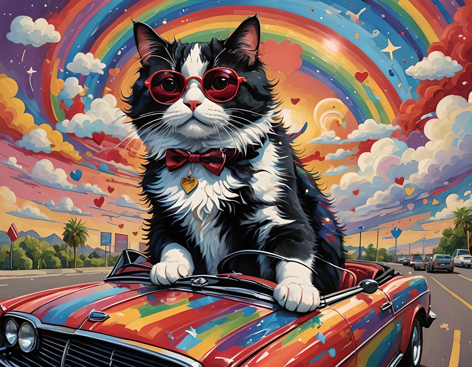 Tuxedo Cat Drives Convertible on Rainbow Road
