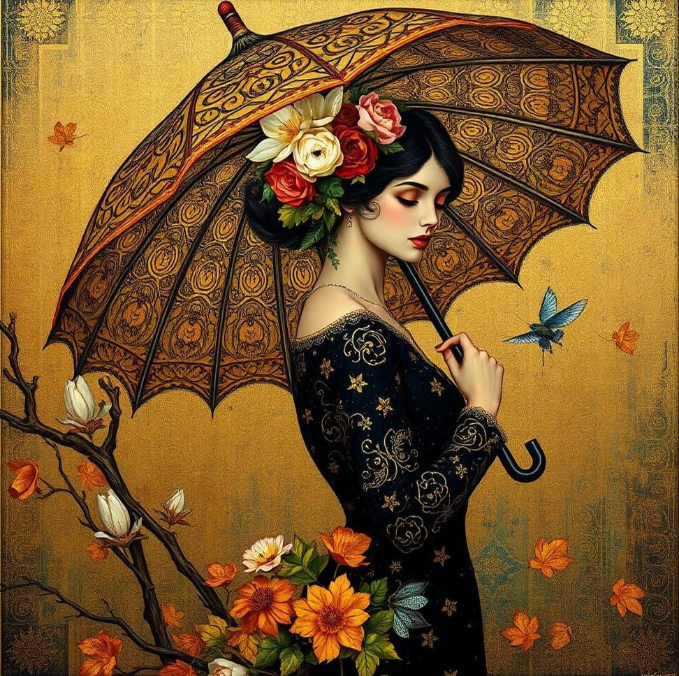 a work of art in the Gustav Klimt style, featuring a woman h...