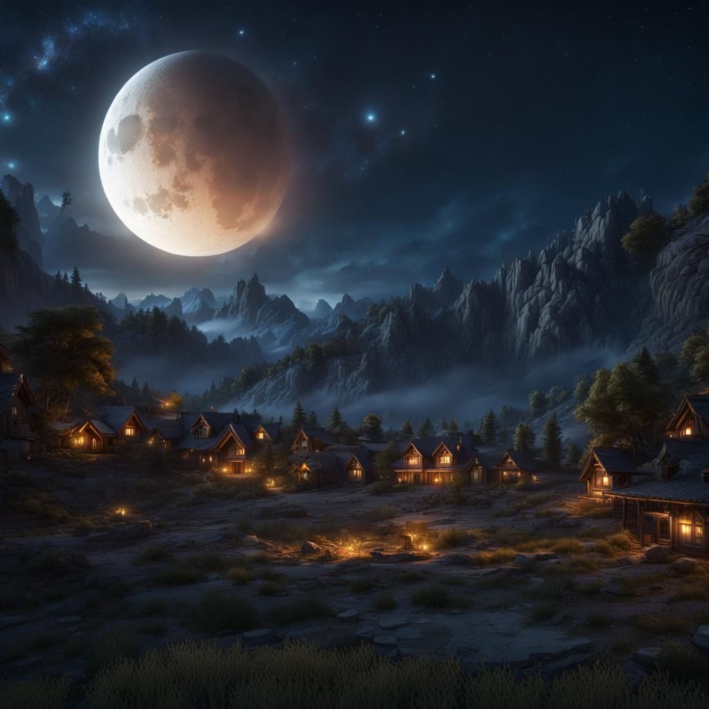 Crescent Moon Shines in Starry Night, Matte Painting