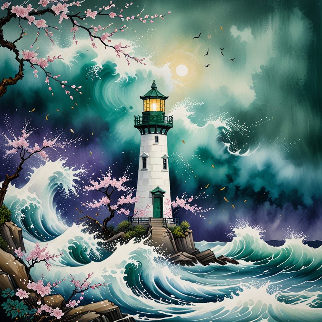Lighthouse in Stormy Sea with Sakura Petals: Chinese Paintin...
